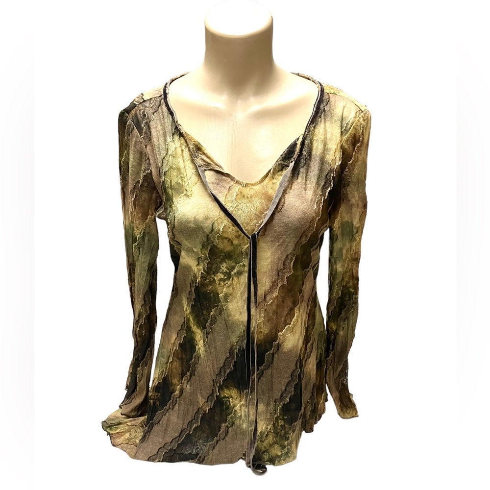 Tribal Semi Sheer Tunic Blouse Brown Green Insets Womens Size M